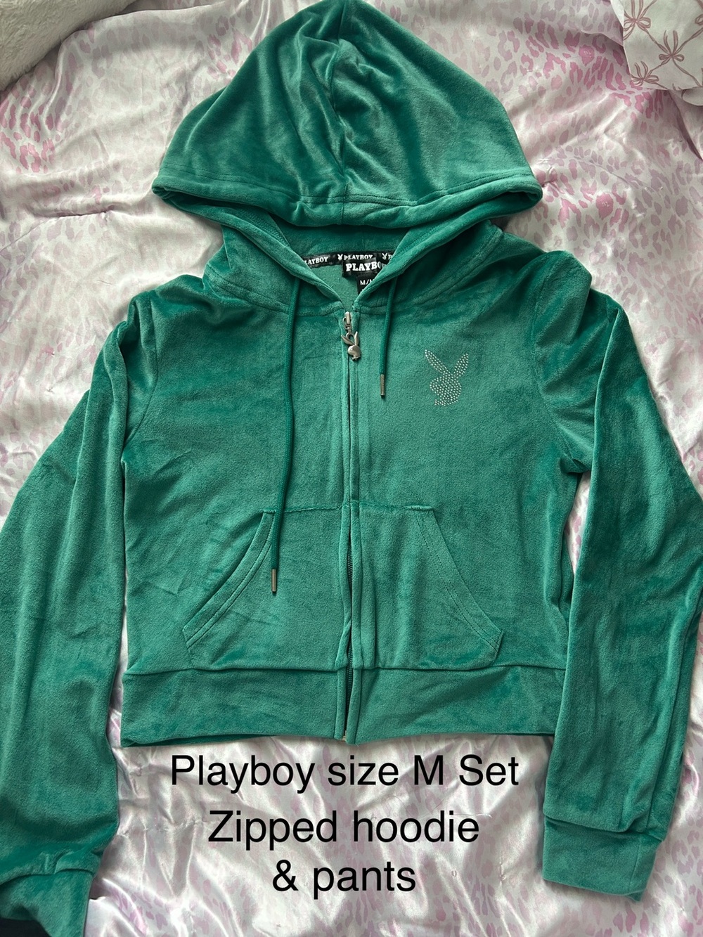 PLAYBOY Y2K Teal Green Velvet Zip Hoodie and Pants with Rhinestones